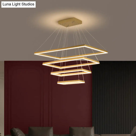 Modern Brushed Gold Led Chandelier - Rectangular Pendant With Tiered Design