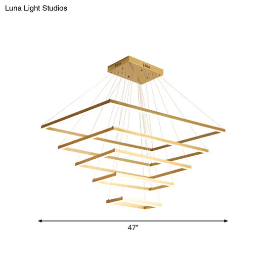 Modern Brushed Gold Led Chandelier - Rectangular Pendant With Tiered Design