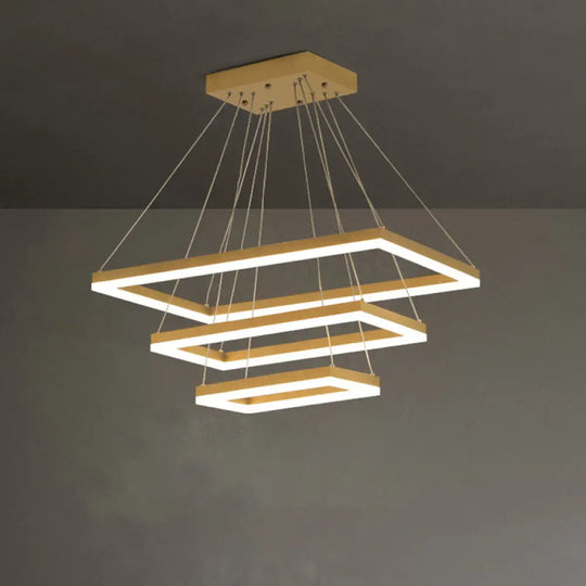 Modern Brushed Gold Led Chandelier - Rectangular Pendant With Tiered Design / 3 Tiers