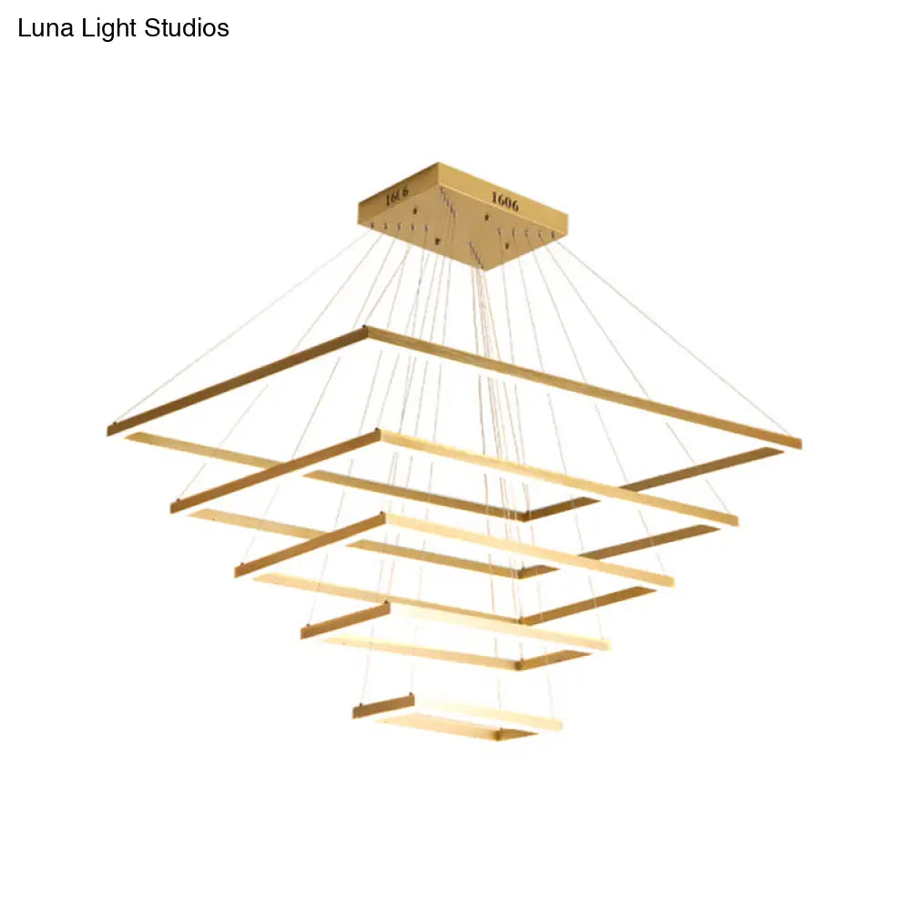 Modern Brushed Gold Led Chandelier - Rectangular Pendant With Tiered Design