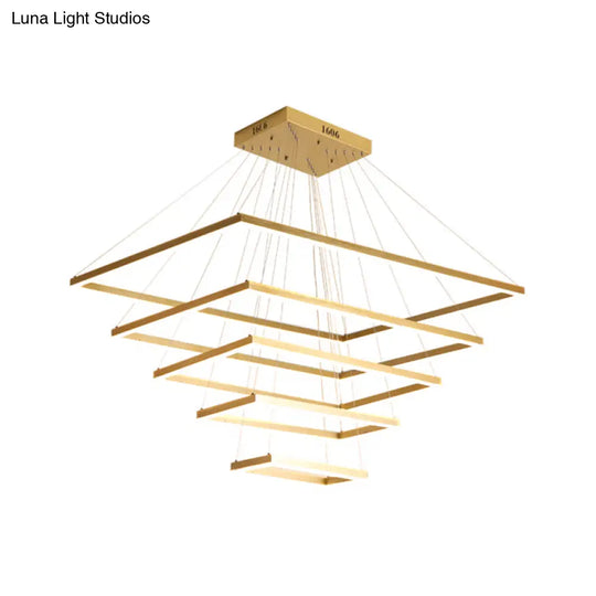 Modern Brushed Gold Led Chandelier - Rectangular Pendant With Tiered Design