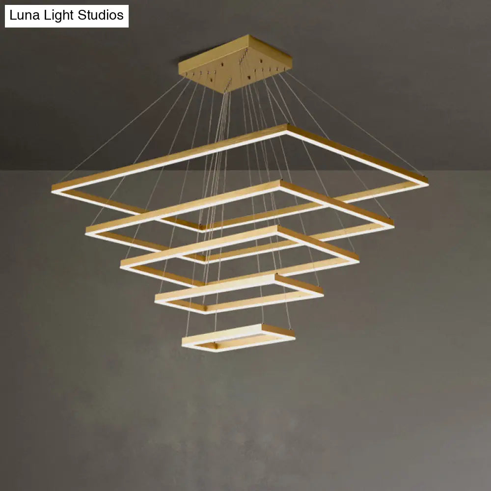 Modern Brushed Gold Led Chandelier - Rectangular Pendant With Tiered Design