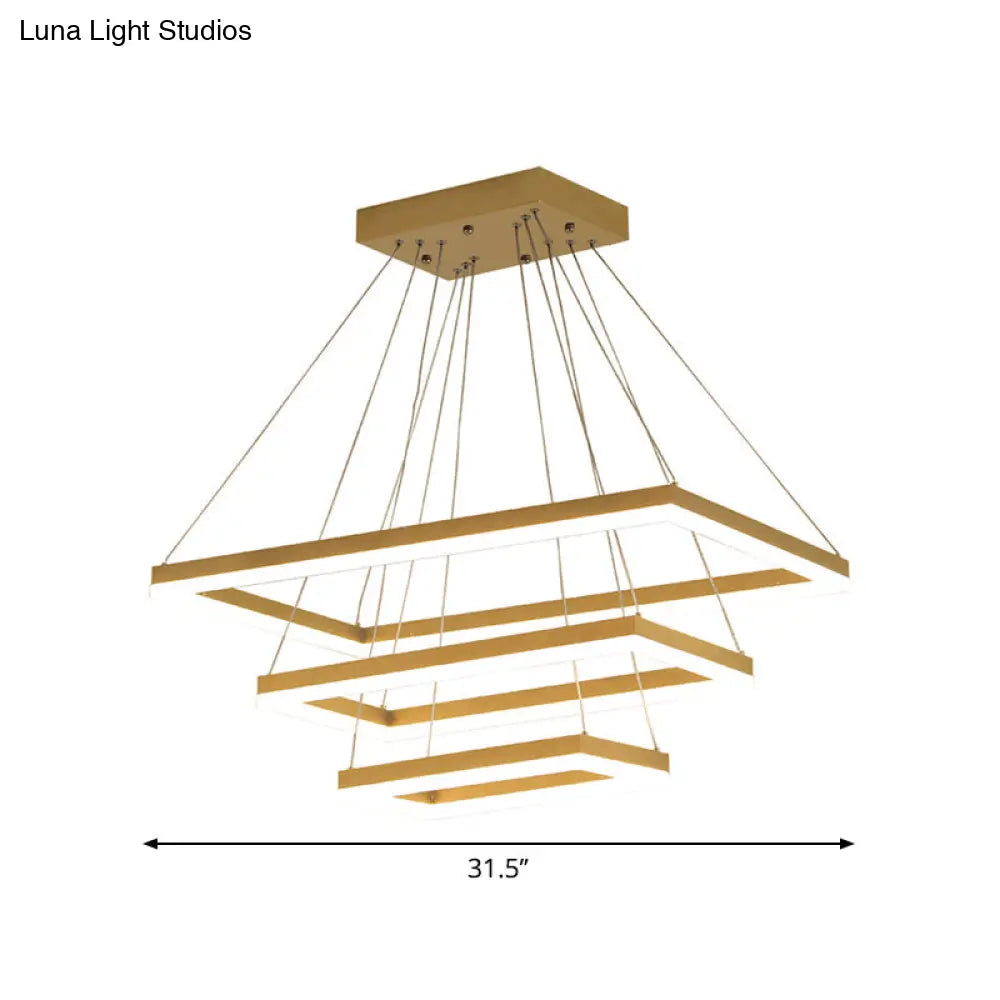 Modern Brushed Gold Led Chandelier - Rectangular Pendant With Tiered Design