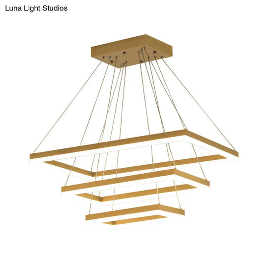 Modern Brushed Gold Led Chandelier - Rectangular Pendant With Tiered Design