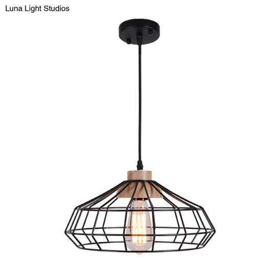 Modern Caged Pendant Light With Wooden Cap - Black Ideal For Dining Room