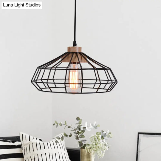 Modern Caged Pendant Light With Wooden Cap - Black Ideal For Dining Room