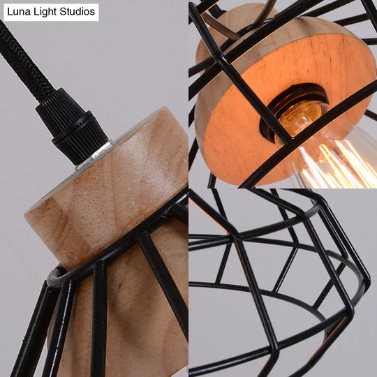 Modern Caged Pendant Light With Wooden Cap - Black Ideal For Dining Room