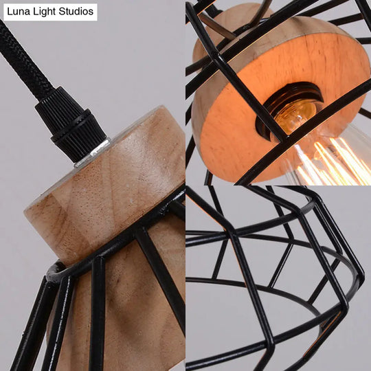 Modern Black Metal Pendant Light With Wooden Cap - Perfect For Dining Room