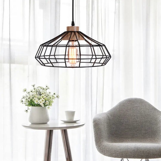 Modern Caged Pendant Light With Wooden Cap - Black Ideal For Dining Room