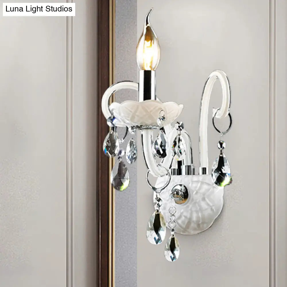 Modern Candelabra Wall Sconce Light With Teardrop Crystal Decoration - White Glass 1/2 Heads Living