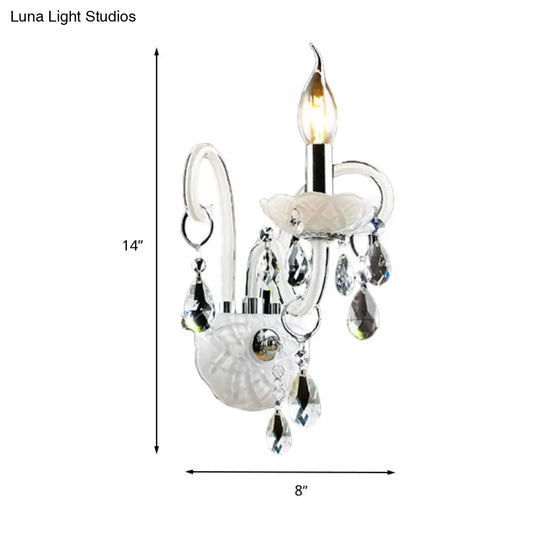 Modern Candelabra Wall Sconce Light With Teardrop Crystal Decoration - White Glass 1/2 Heads Living