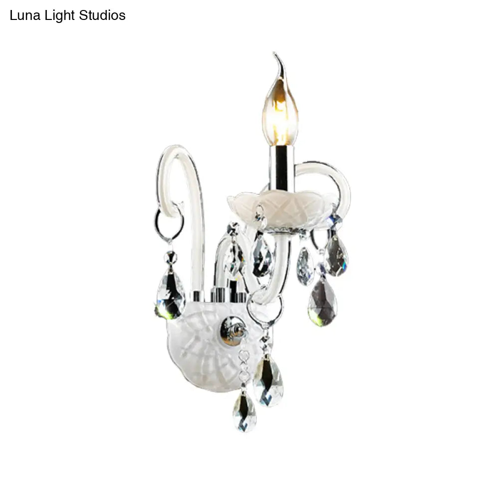 Modern Candelabra Wall Sconce Light With Teardrop Crystal Decoration - White Glass 1/2 Heads Living