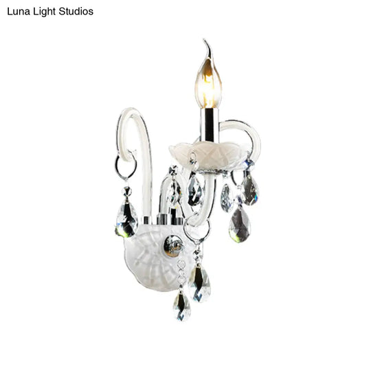 Modern Candelabra Wall Sconce Light With Teardrop Crystal Decoration - White Glass 1/2 Heads Living