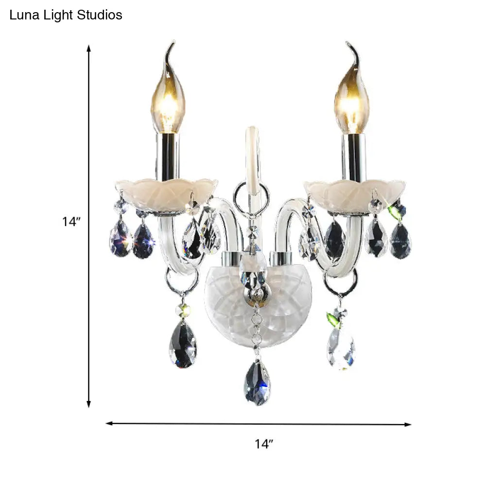 Modern Candelabra Wall Sconce Light With Teardrop Crystal Decoration - White Glass 1/2 Heads Living