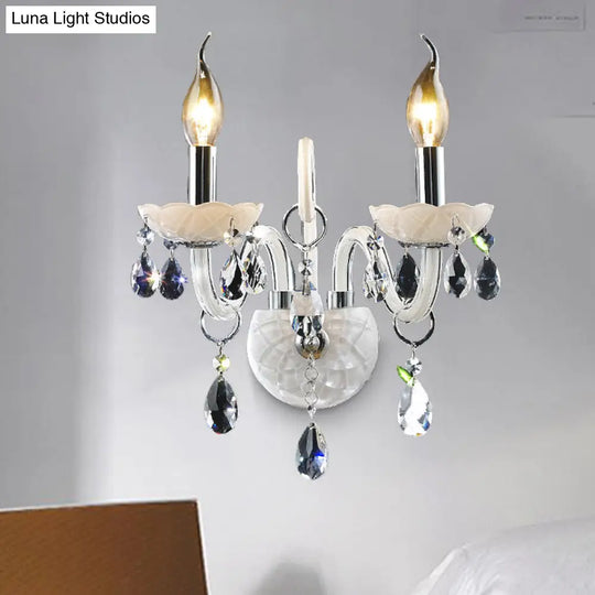 Modern Candelabra Wall Sconce Light With Teardrop Crystal Decoration - White Glass 1/2 Heads Living