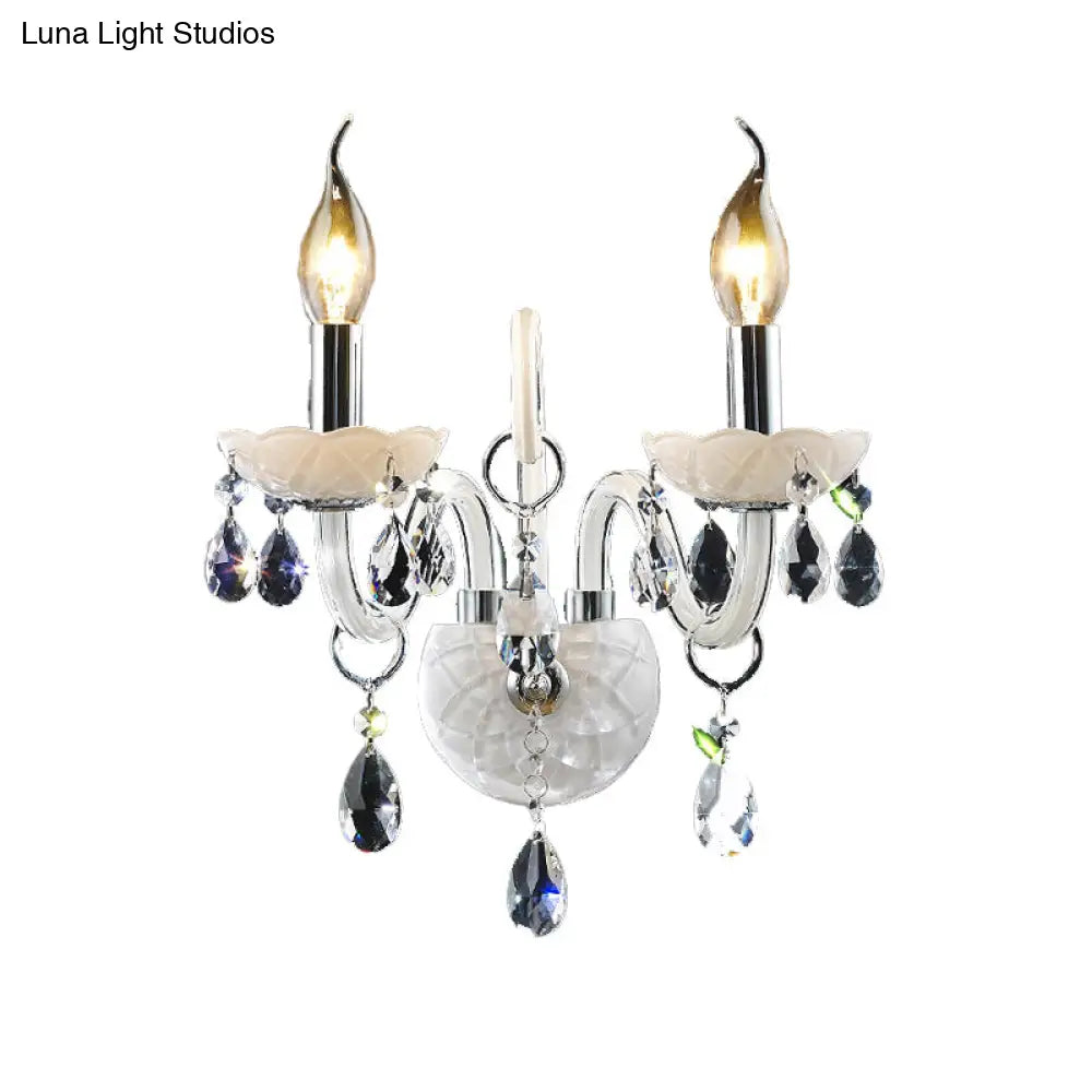 Modern Candelabra Wall Sconce Light With Teardrop Crystal Decoration - White Glass 1/2 Heads Living