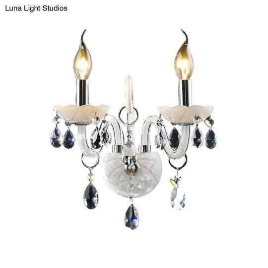 Modern Candelabra Wall Sconce Light With Teardrop Crystal Decoration - White Glass 1/2 Heads Living