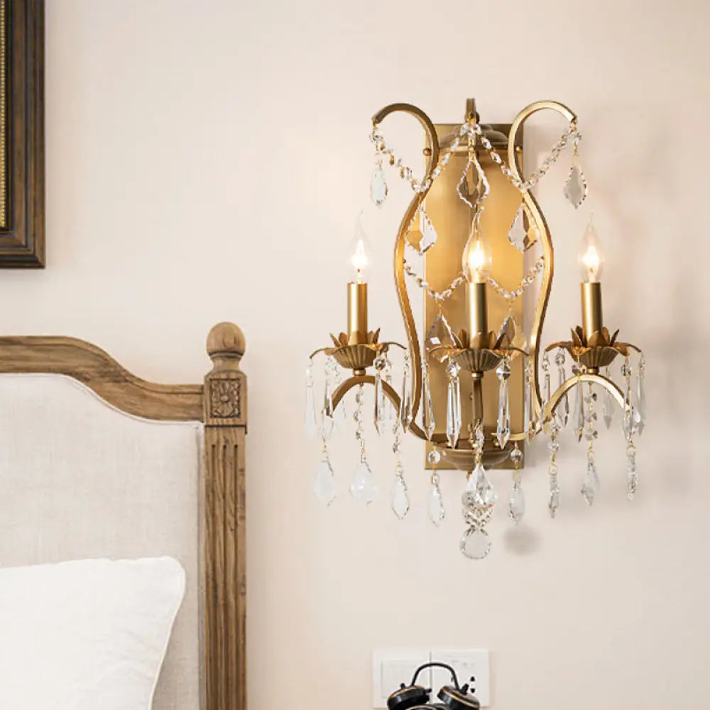 Modern Candelabra Wall Sconce With Crystal Drop - Black/Brass Finish 3 Lights Brass