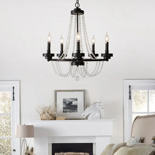 Modern Candle Chandelier - Metal Pendant Lamp With Crystal Beaded Strand (5/6 Lights) In Black 5 /