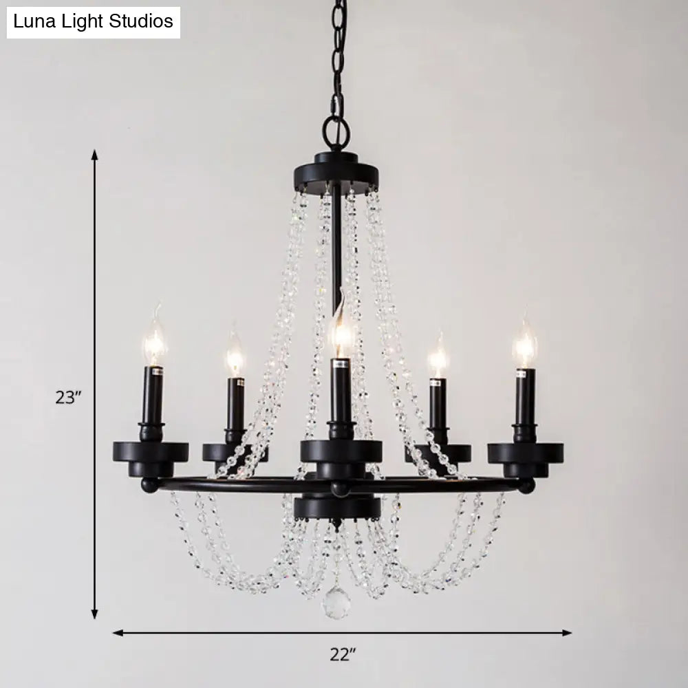 Modern Candle Chandelier - Metal Pendant Lamp With Crystal Beaded Strand (5/6 Lights) In Black