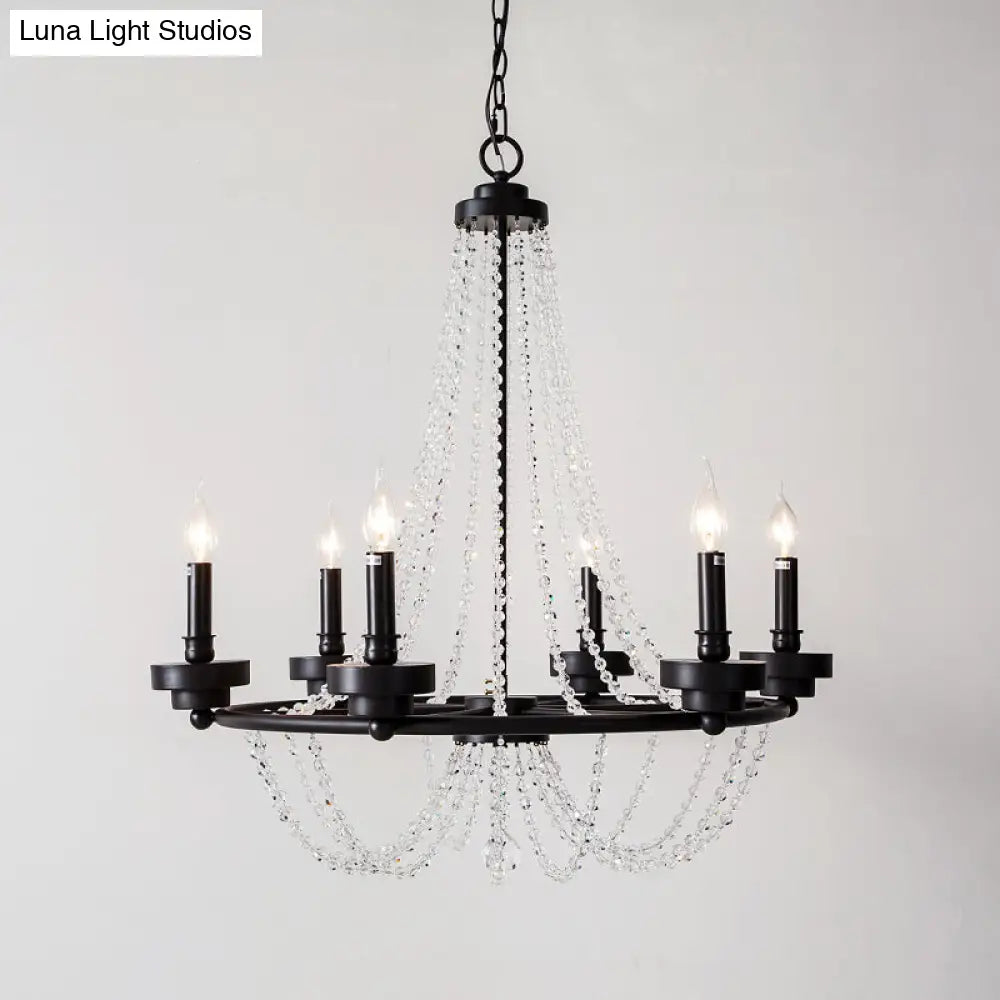 Modern Candle Chandelier - Metal Pendant Lamp With Crystal Beaded Strand (5/6 Lights) In Black