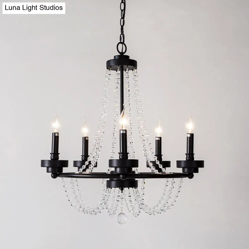 Modernist Metal Pendant Lamp With Crystal Beaded Strand - Black 5/6 Lights