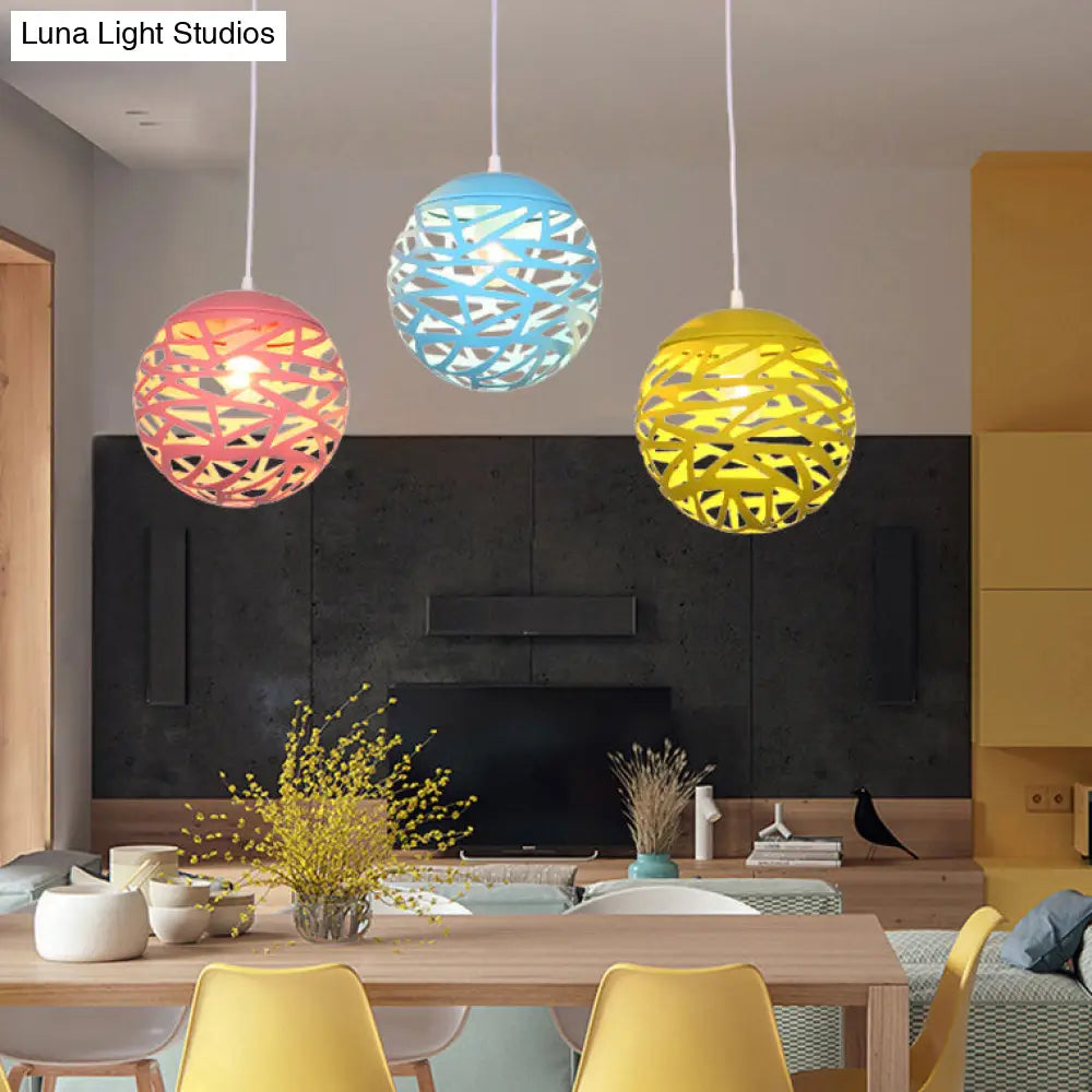 Modern Candy Colored Kid’s Bedroom Pendant Lamp - Hollow Orb Design Metal 1 Head