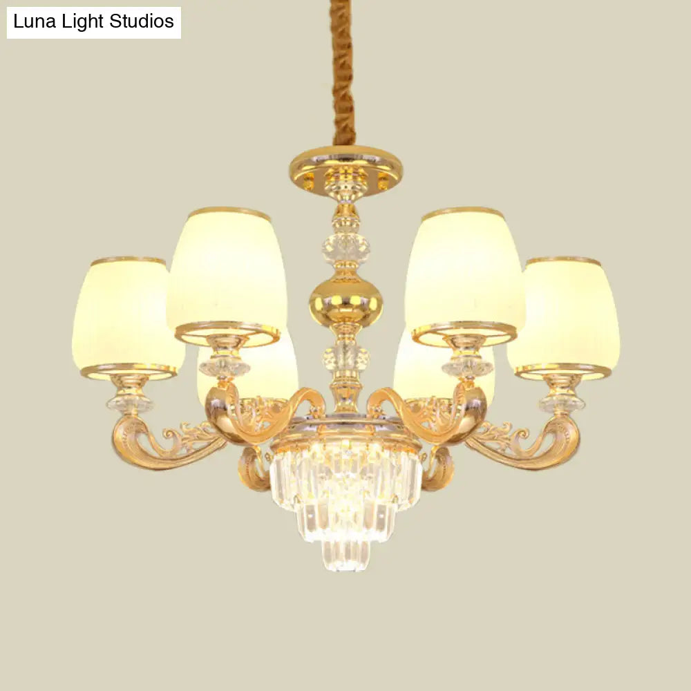 Modern Milk Glass Arm Chandelier With 6 Gold Crystal Bulbs - Elegant Bedroom Hanging Light