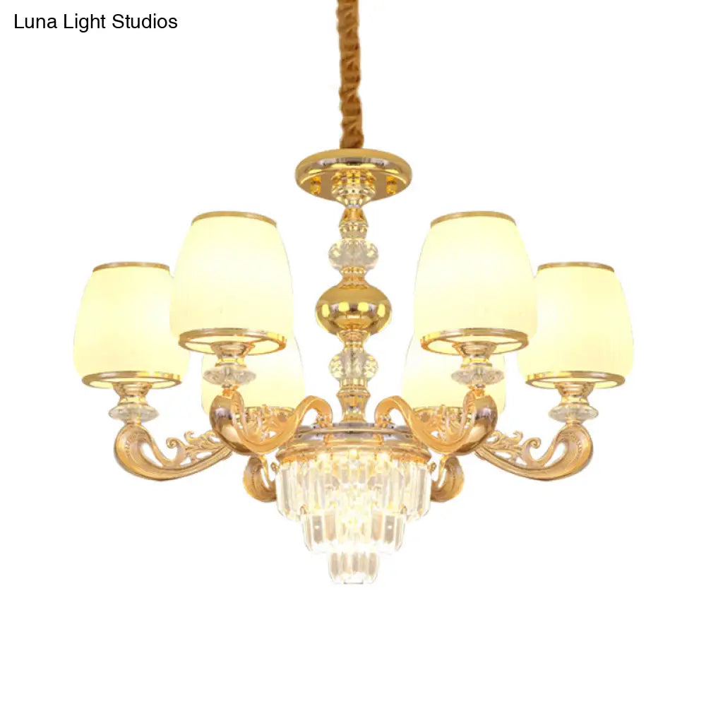 Modern Carved Arm Bedroom Chandelier: Milk Glass 6 Bulbs Gold Crystal Hanging Light