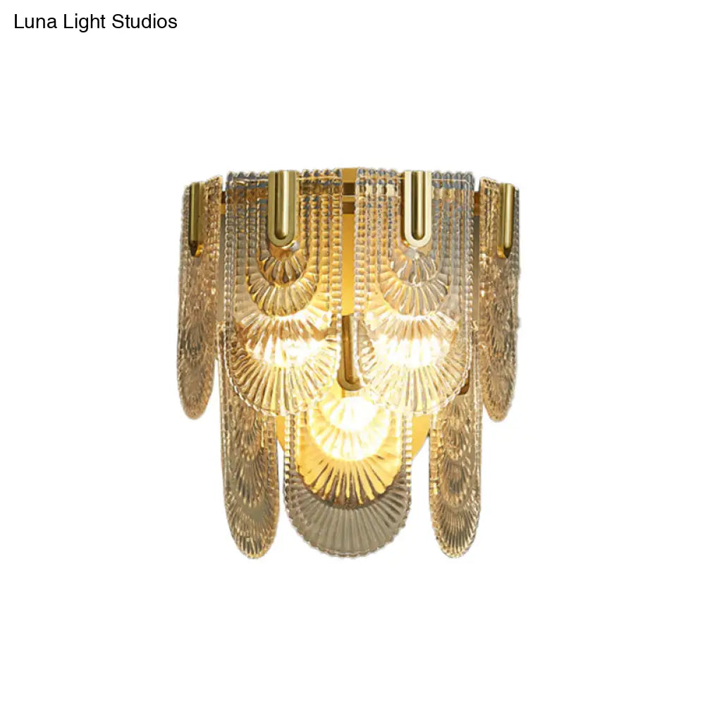 Modern Carved Glass 3-Light Gold Wall Sconce: 2-Layer Wall-Mounted Lamp For Living Room