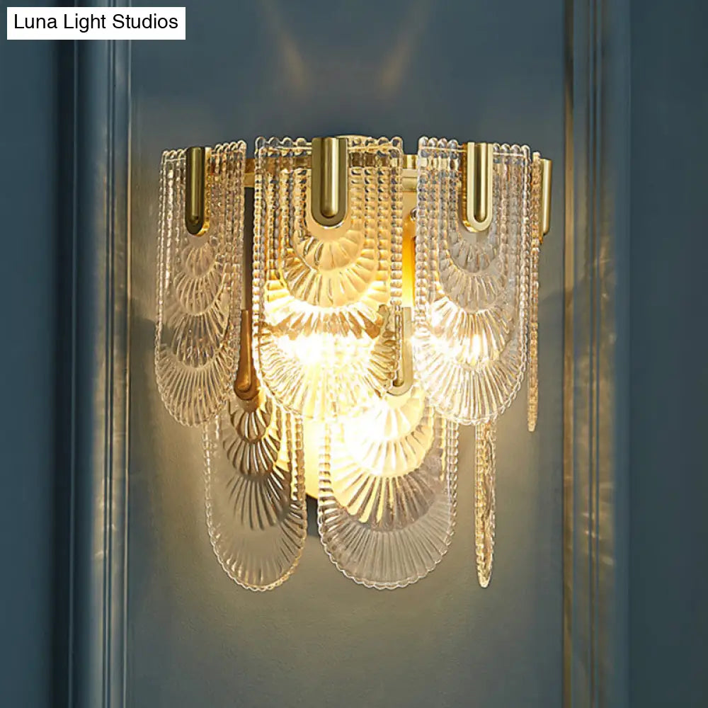 Modern Carved Glass 3-Light Gold Wall Sconce: 2-Layer Wall-Mounted Lamp For Living Room