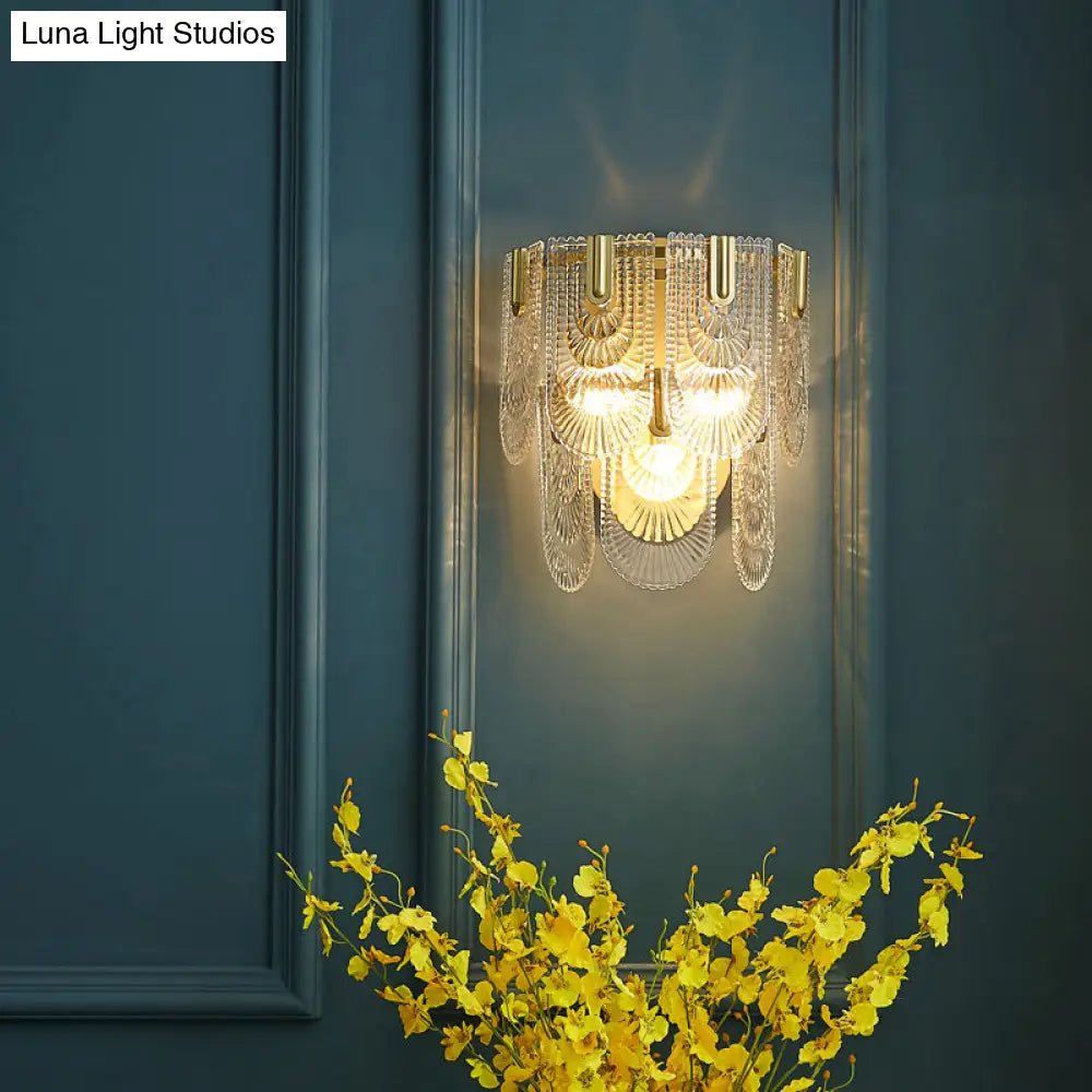 Modern Carved Glass 3-Light Gold Wall Sconce: 2-Layer Wall-Mounted Lamp For Living Room