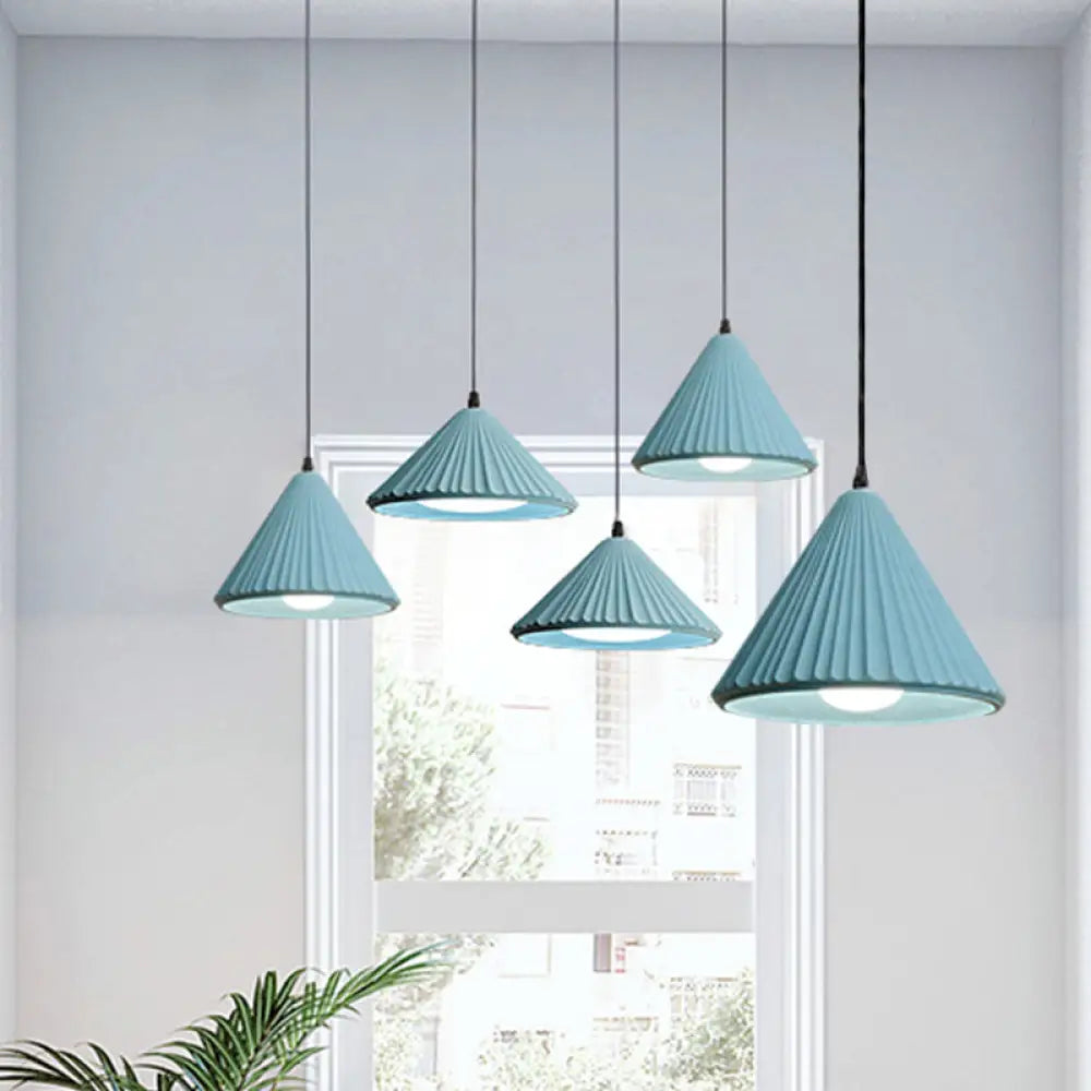 Modern Cement Cone Pendant Lamp For Office Kitchen - One Light Fluted Ceiling Blue / 4’