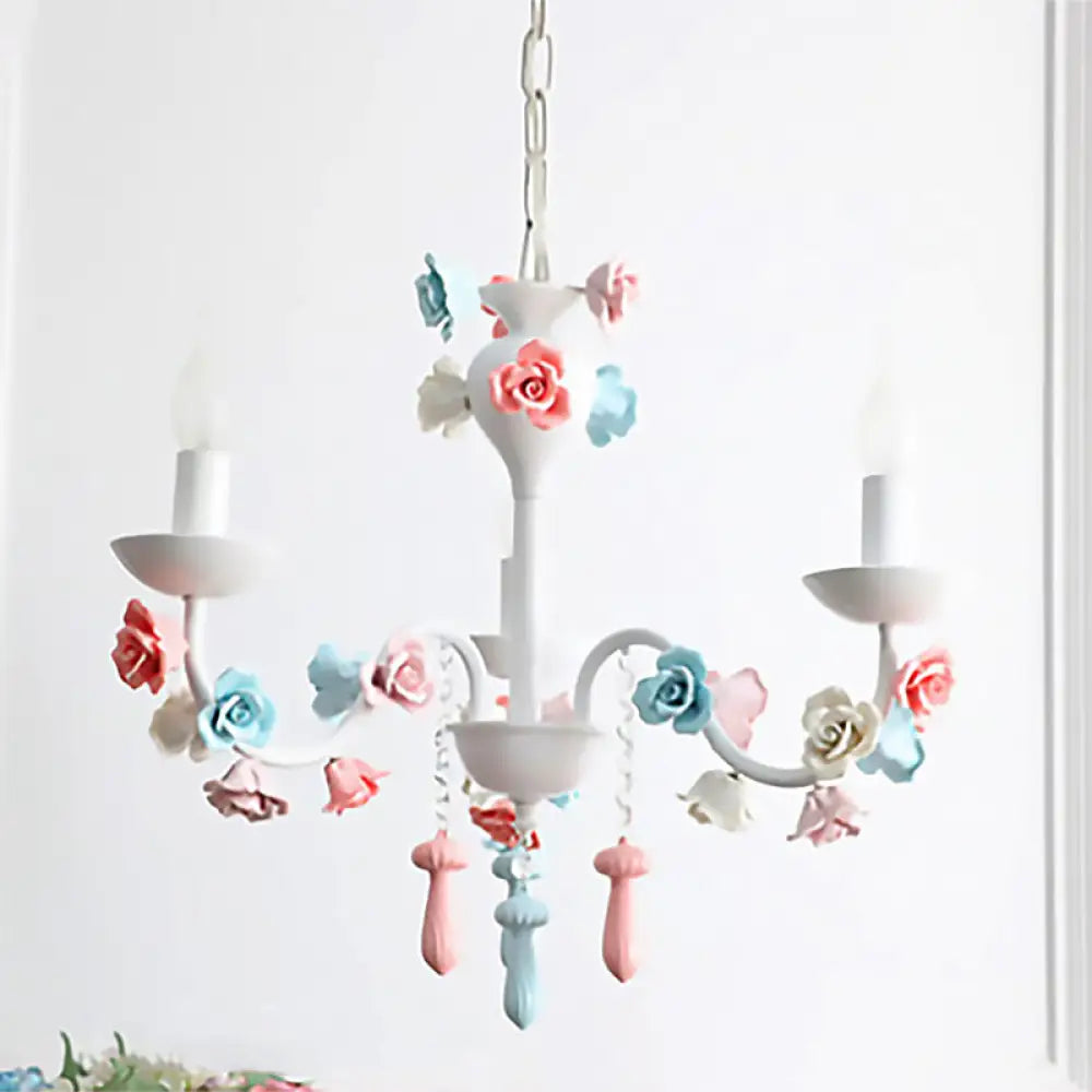 Modern Ceramic Chandelier Pendant Light - Candle Style White Finish With Rose Decoration 3 /