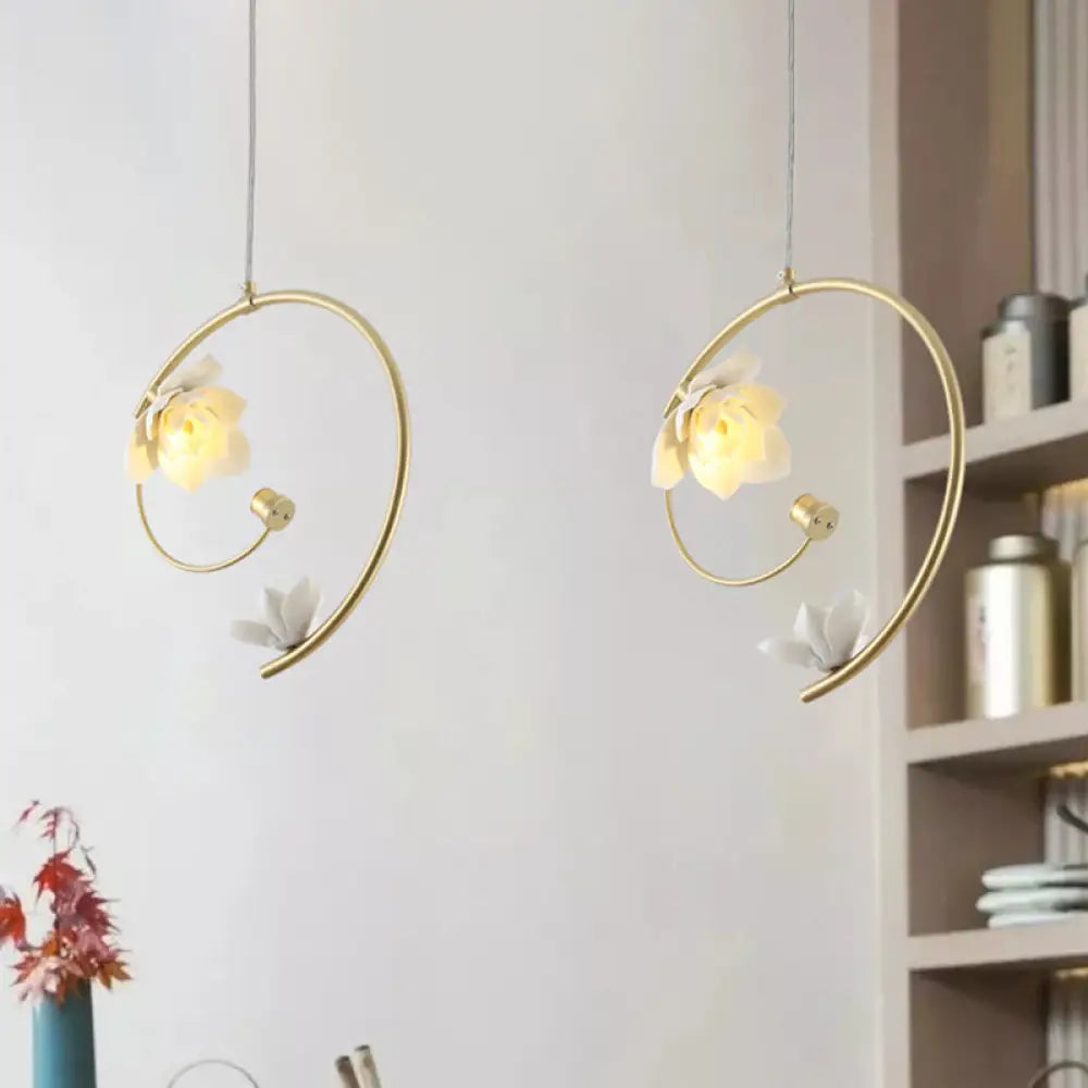 Modern Ceramic Flower Pendant Lamp - Single White Ceiling Light With Gold Scroll Stem