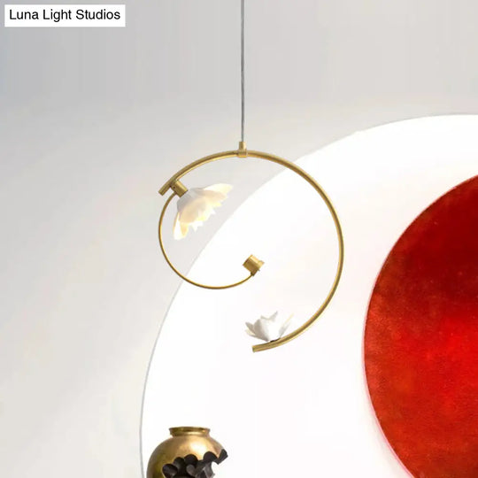 Modern Ceramic Flower Pendant Lamp: Single White Ceiling Light With Gold Scroll Stem