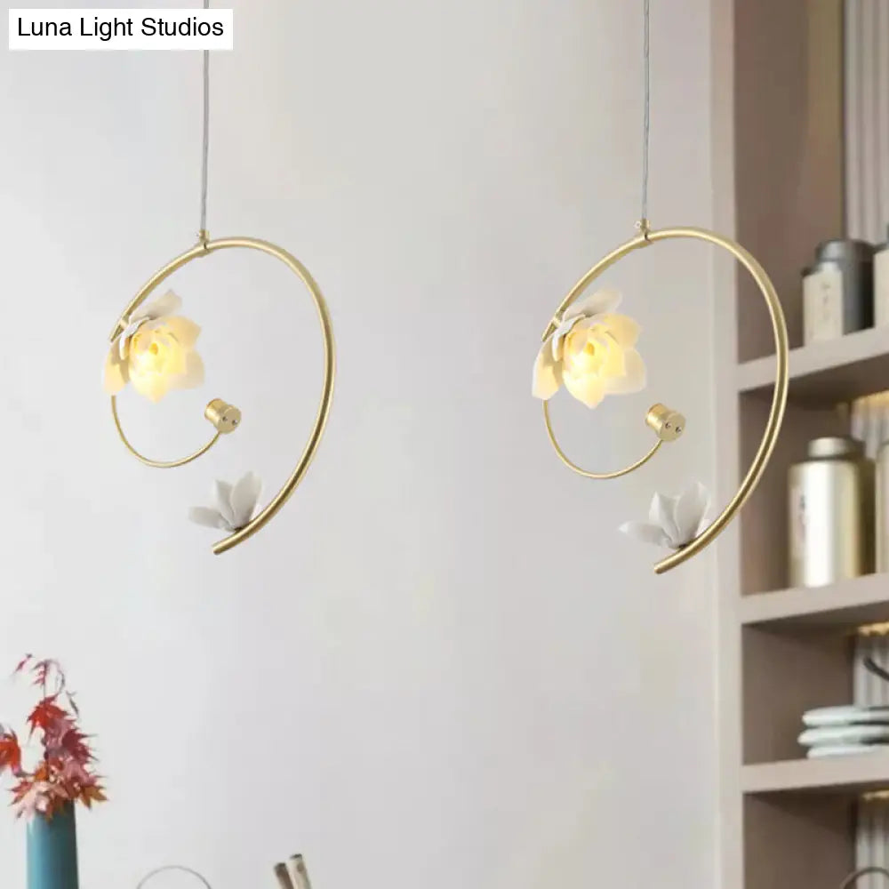 Modern Ceramic Flower Pendant Lamp: Single White Ceiling Light With Gold Scroll Stem