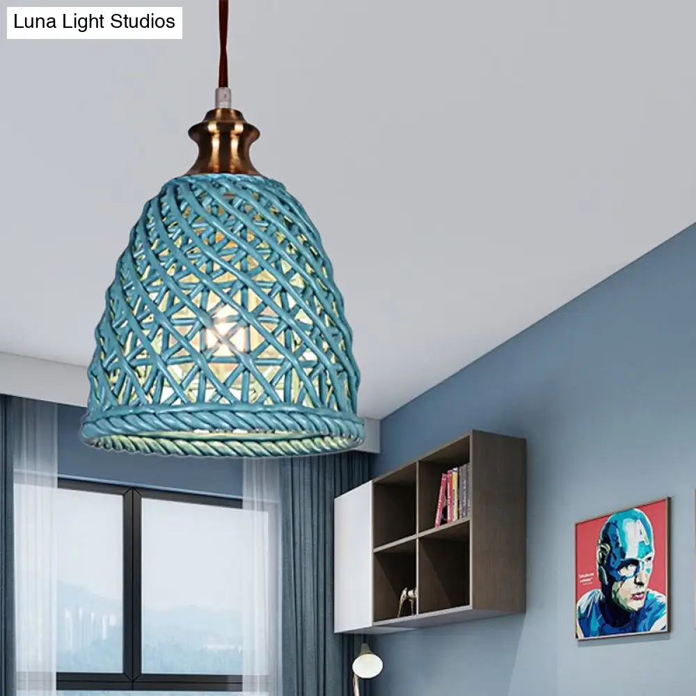 Modern Ceramic Pendant Lamp For Restaurants - Stylish Domed Basket Design 1 Head Hanging Light