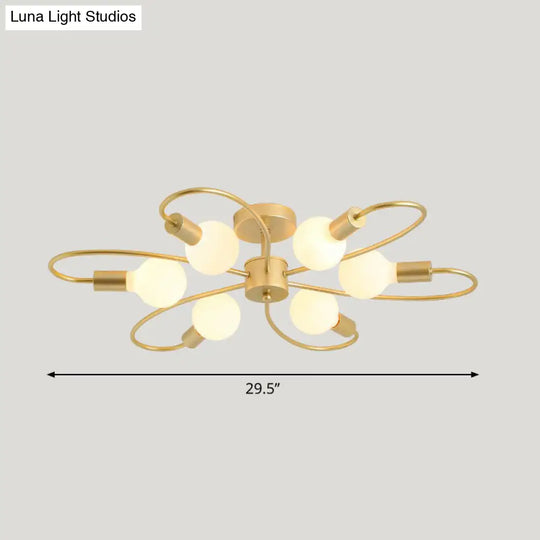 Modern Champagne Whirled Semi Flush Light For Bedroom - Stylish Metal Ceiling Fixture 6 /