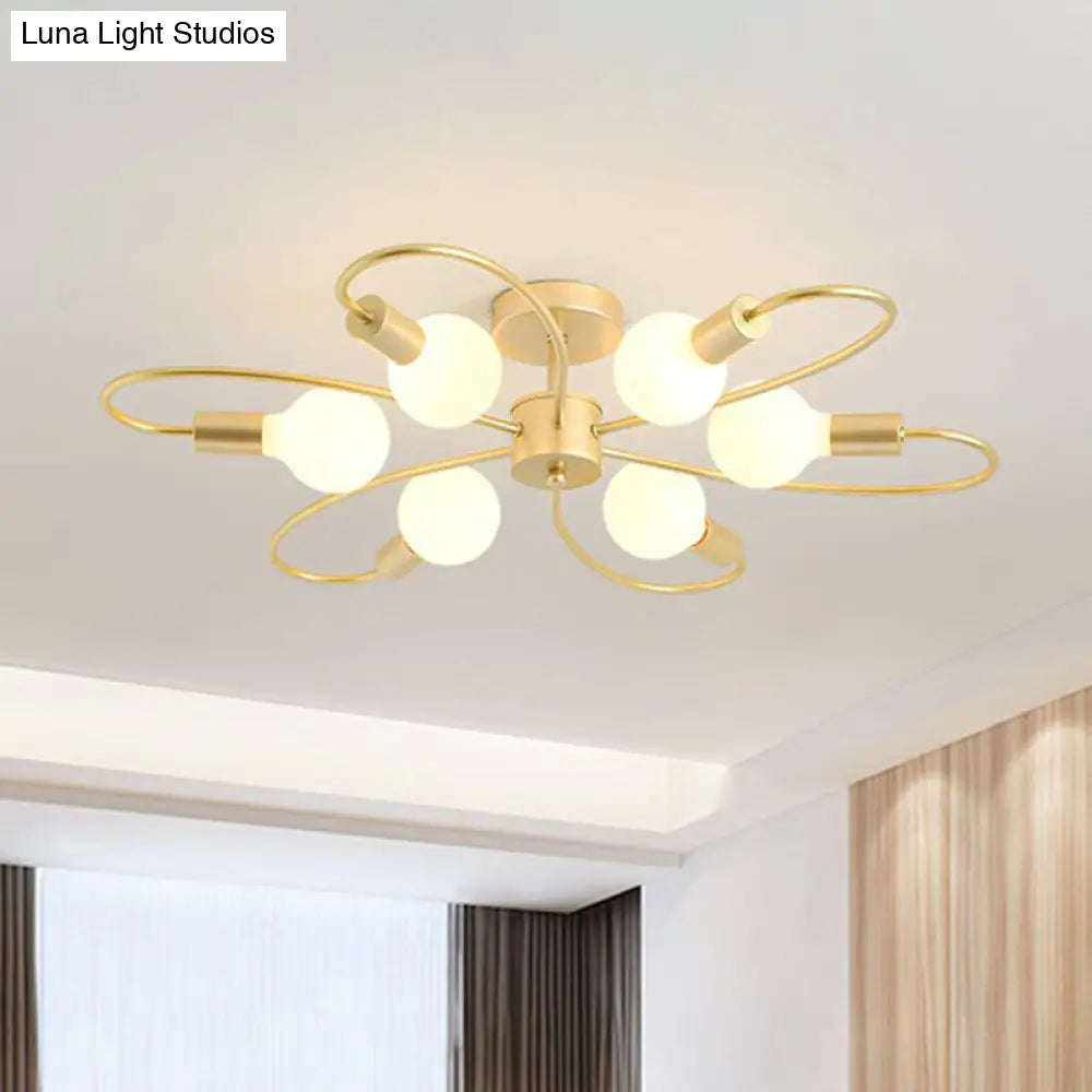 Modern Champagne Whirled Semi Flush Light For Bedroom - Stylish Metal Ceiling Fixture