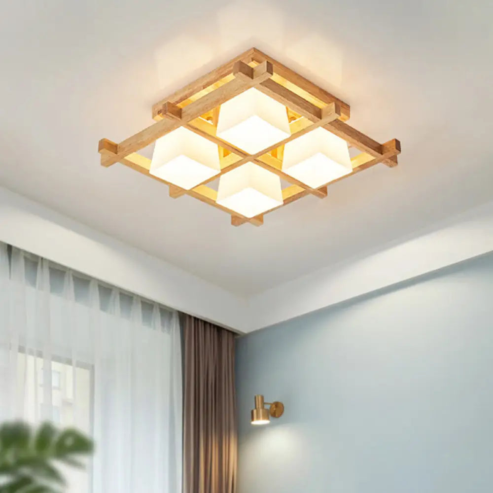 Modern Checkered Wood Ceiling Light - Beige Flushmount With Opal Glass Shade 4 /