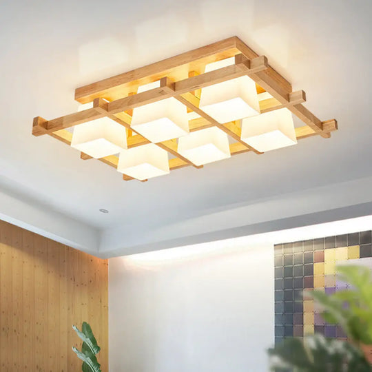 Modern Checkered Wood Ceiling Light - Beige Flushmount With Opal Glass Shade 6 /