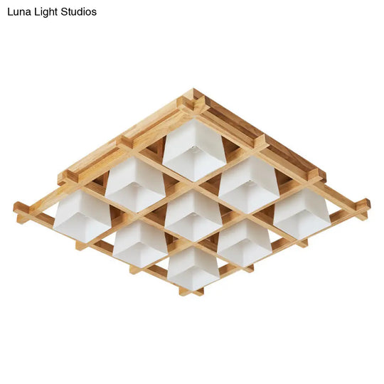 Modern Checkered Wood Ceiling Light - Beige Flushmount With Opal Glass Shade