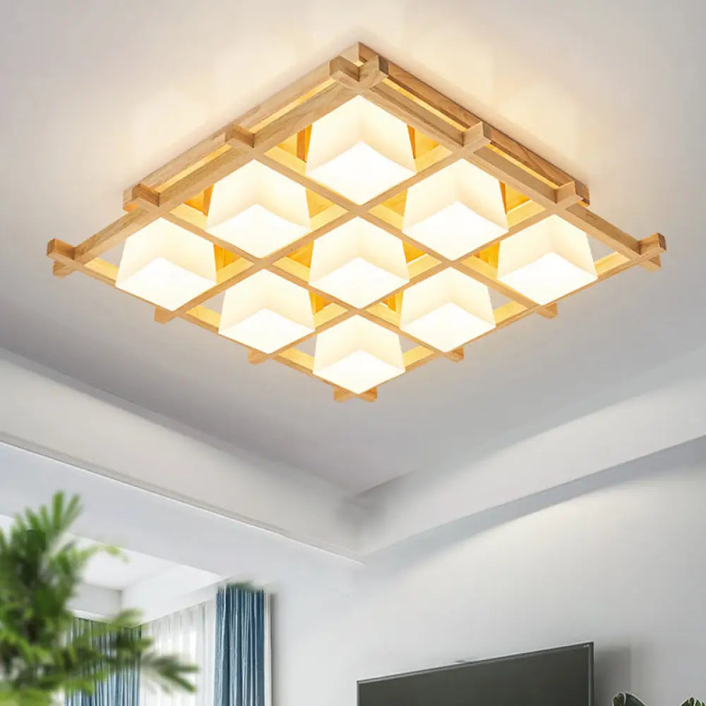 Modern Checkered Wood Ceiling Light - Beige Flushmount With Opal Glass Shade 9 /