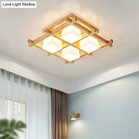 Modern Checkered Wood Ceiling Light - Beige Flushmount With Opal Glass Shade 4 /