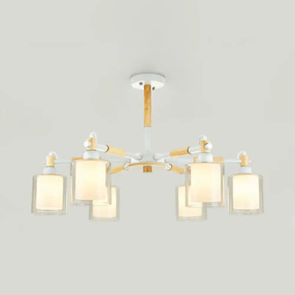 Modern Chic Glass Cylinder Hanging Pendant Lamp With 6 Lights For Bedroom White