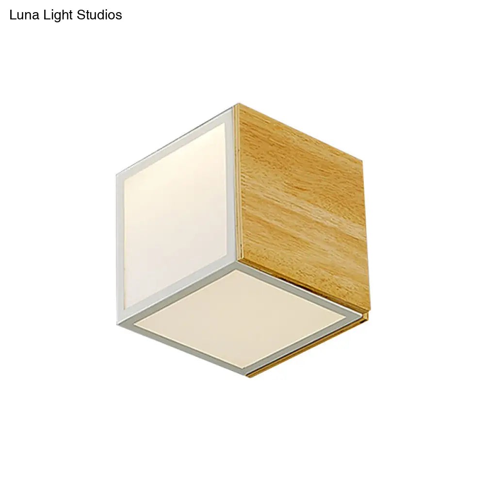 Modern Chinese Led Flush Mount Light - Wooden Box Design With Warm/White