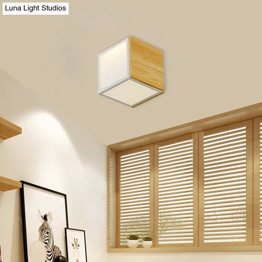 Modern Chinese Led Flush Mount Light - Wooden Box Design With Warm/White Wood / White