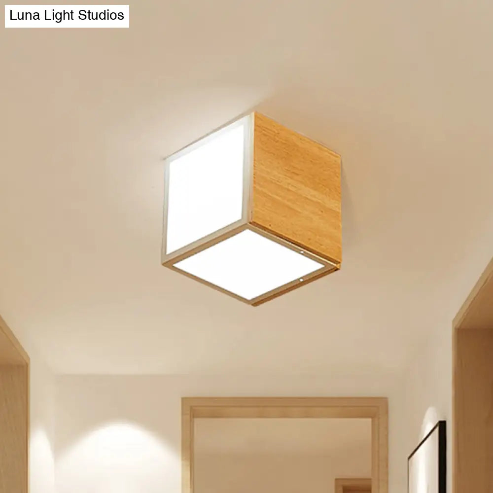 Modern Chinese Led Flush Mount Light - Wooden Box Design With Warm/White