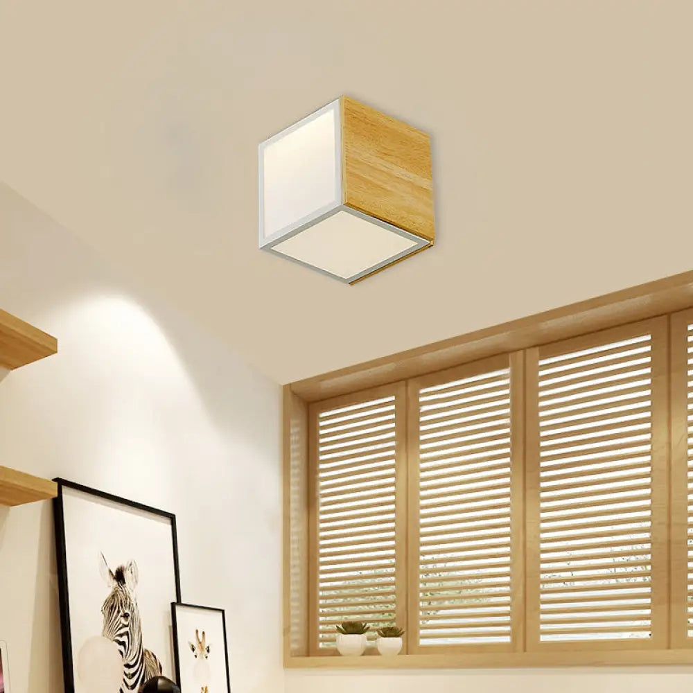 Modern Chinese Led Flush Mount Light - Wooden Box Design With Warm/White Wood / White